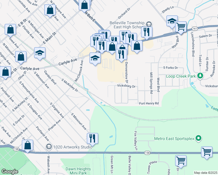 map of restaurants, bars, coffee shops, grocery stores, and more near 632 Vicksburg Drive in Belleville