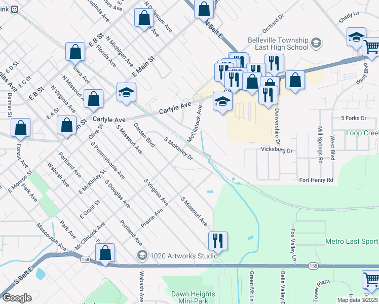 map of restaurants, bars, coffee shops, grocery stores, and more near 504 South Mc Kinley Drive in Belleville
