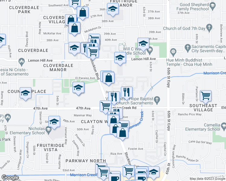 map of restaurants, bars, coffee shops, grocery stores, and more near 6175 Stockton Boulevard in Sacramento