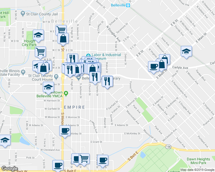 map of restaurants, bars, coffee shops, grocery stores, and more near 504 East Washington Street in Belleville