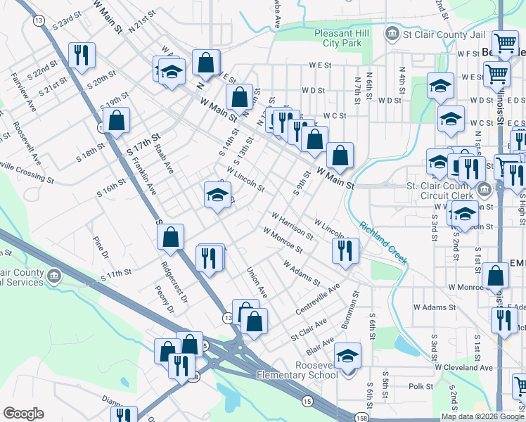 map of restaurants, bars, coffee shops, grocery stores, and more near 301 South 10th Street in Belleville