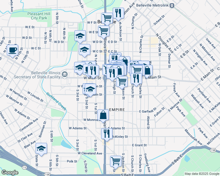 map of restaurants, bars, coffee shops, grocery stores, and more near 10 East Washington Street in Belleville
