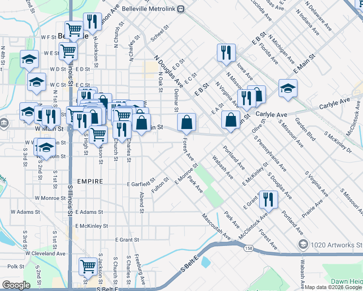 map of restaurants, bars, coffee shops, grocery stores, and more near 814 East Washington Street in Belleville