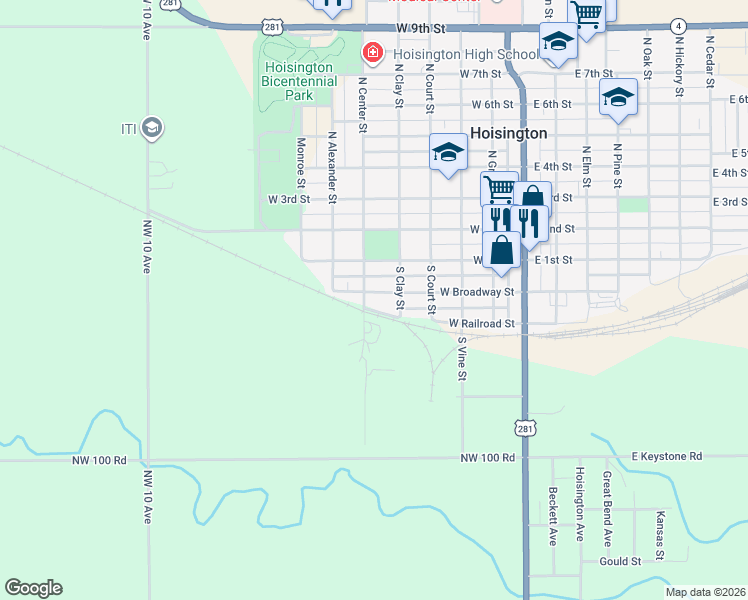 map of restaurants, bars, coffee shops, grocery stores, and more near 501-599 West Broadway Avenue in Hoisington
