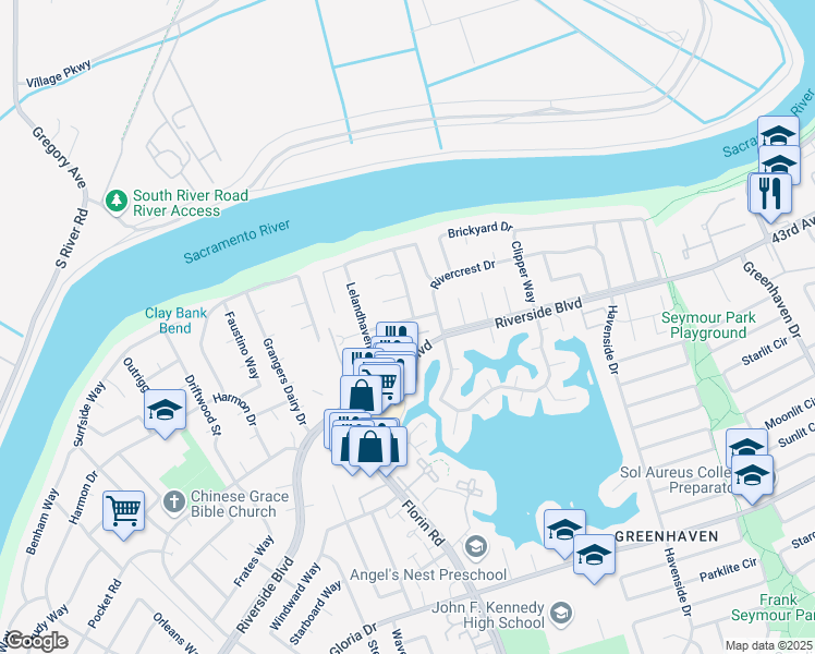 map of restaurants, bars, coffee shops, grocery stores, and more near 6328 Seastone Way in Sacramento