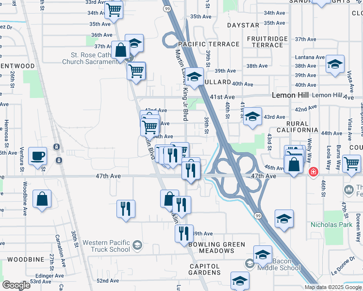map of restaurants, bars, coffee shops, grocery stores, and more near 3804 45th Avenue in Sacramento