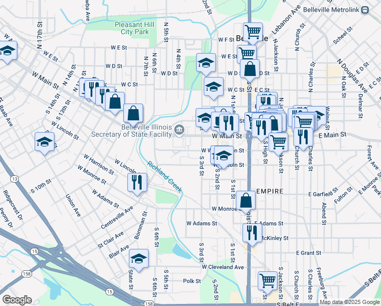 map of restaurants, bars, coffee shops, grocery stores, and more near 318 West Washington Street in Belleville