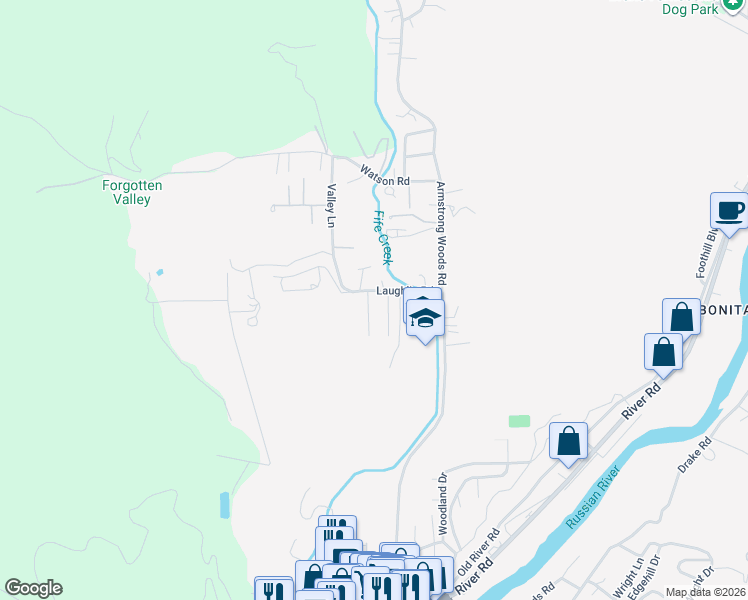 map of restaurants, bars, coffee shops, grocery stores, and more near 14725 Carrier Lane in Guerneville