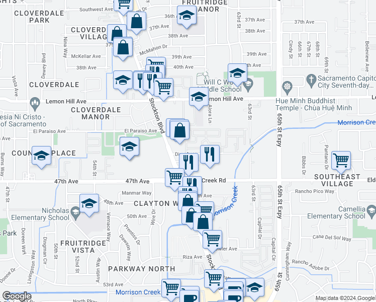 map of restaurants, bars, coffee shops, grocery stores, and more near 6025 Dias Avenue in Sacramento