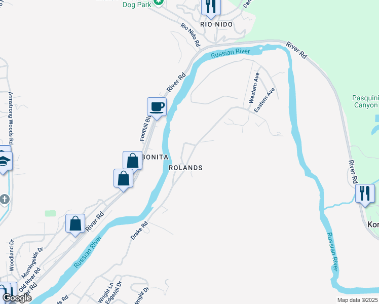 map of restaurants, bars, coffee shops, grocery stores, and more near 14918 Drake Road in Guerneville