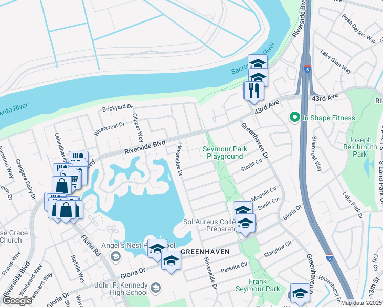 map of restaurants, bars, coffee shops, grocery stores, and more near 18 Quay Court in Sacramento