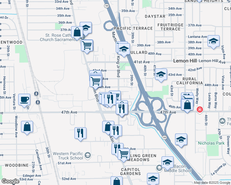 map of restaurants, bars, coffee shops, grocery stores, and more near 3804 45th Avenue in Sacramento