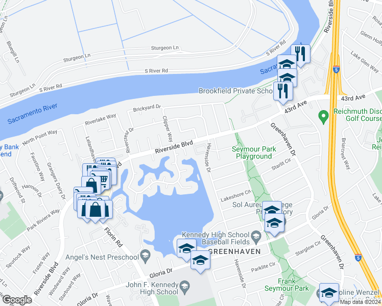 map of restaurants, bars, coffee shops, grocery stores, and more near 717 Shoreside Drive in Sacramento
