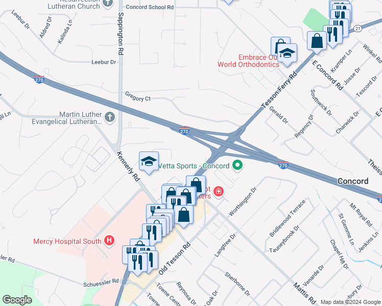 map of restaurants, bars, coffee shops, grocery stores, and more near 12515 Sunset Drive in Sappington