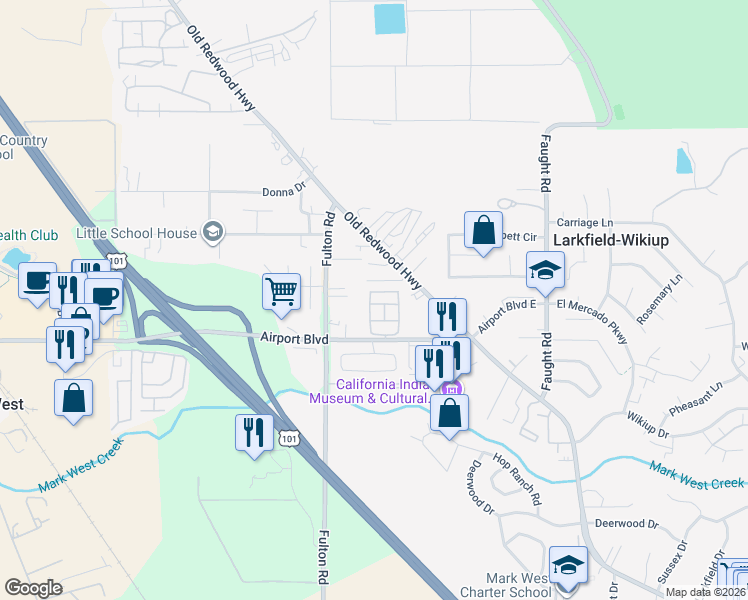 map of restaurants, bars, coffee shops, grocery stores, and more near 5318 Huckleberry Way in Santa Rosa