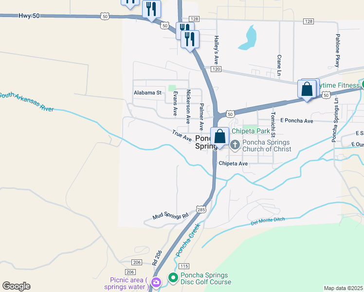 map of restaurants, bars, coffee shops, grocery stores, and more near 315 True Avenue in Salida
