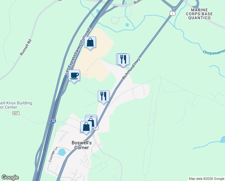 map of restaurants, bars, coffee shops, grocery stores, and more near 3965 Jefferson Davis Highway in Stafford