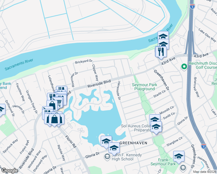 map of restaurants, bars, coffee shops, grocery stores, and more near 6241 Riverside Boulevard in Sacramento