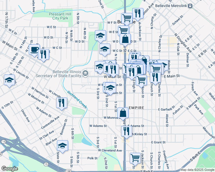 map of restaurants, bars, coffee shops, grocery stores, and more near 120 West Washington Street in Belleville
