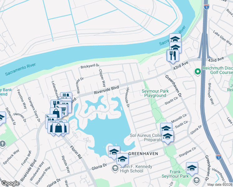 map of restaurants, bars, coffee shops, grocery stores, and more near 717 Shoreside Drive in Sacramento