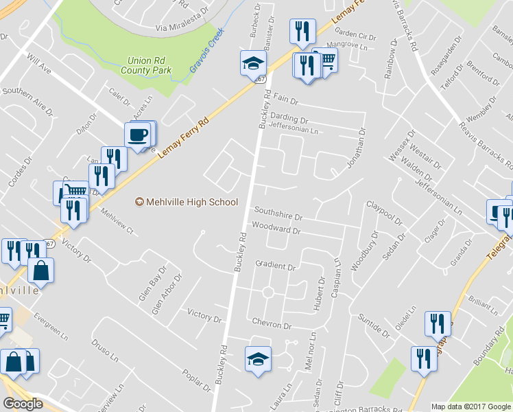 map of restaurants, bars, coffee shops, grocery stores, and more near 789 Southshire Drive in St. Louis