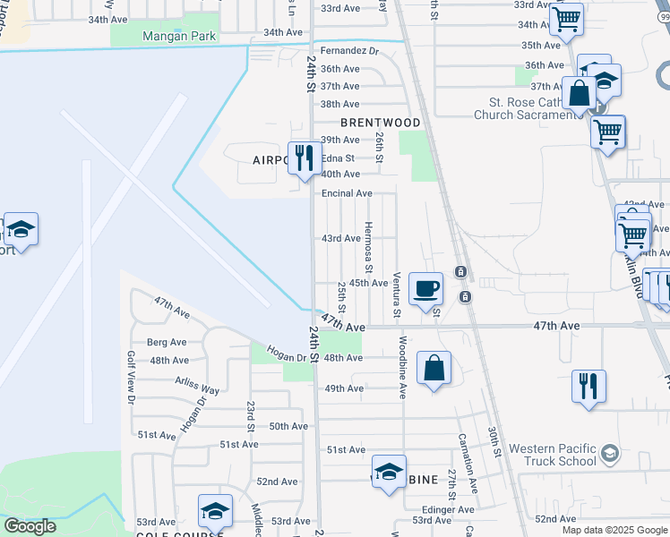 map of restaurants, bars, coffee shops, grocery stores, and more near 6230 25th Street in Sacramento