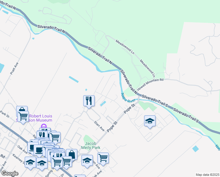map of restaurants, bars, coffee shops, grocery stores, and more near 17 Redondo Court in St. Helena