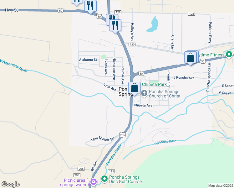 map of restaurants, bars, coffee shops, grocery stores, and more near 209 True Avenue in Salida