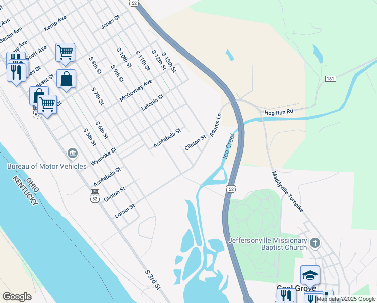 map of restaurants, bars, coffee shops, grocery stores, and more near 1050 Clinton Street in Ironton