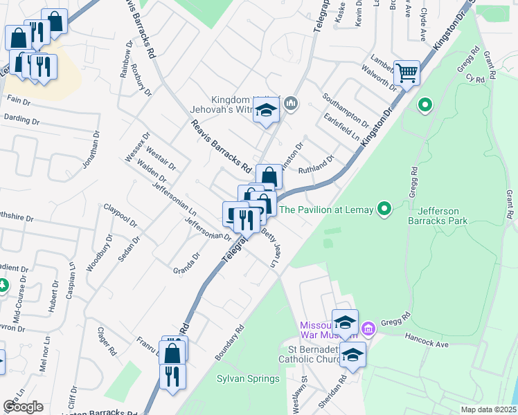 map of restaurants, bars, coffee shops, grocery stores, and more near 2613 Telegraph Road in St. Louis