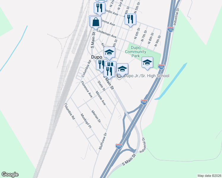 map of restaurants, bars, coffee shops, grocery stores, and more near 605 South Main Street in Dupo