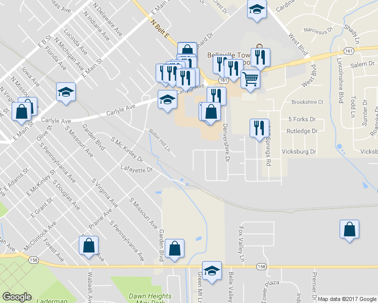 map of restaurants, bars, coffee shops, grocery stores, and more near 531 Vicksburg Drive in Belleville