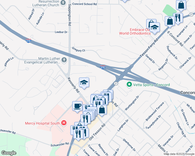 map of restaurants, bars, coffee shops, grocery stores, and more near 12515 Sunset Drive in Sappington