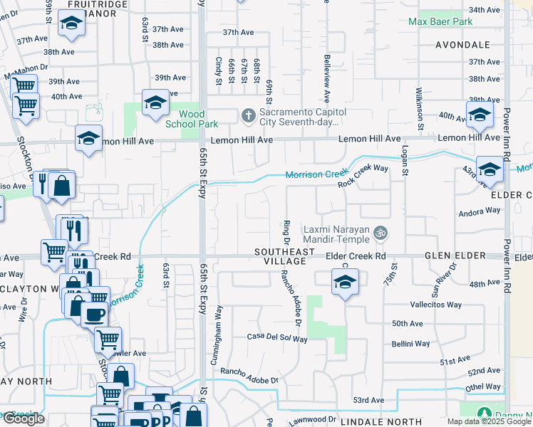 map of restaurants, bars, coffee shops, grocery stores, and more near 6780 Pradera Mesa Drive in Sacramento