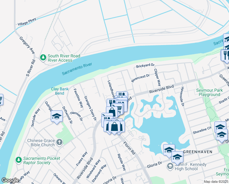 map of restaurants, bars, coffee shops, grocery stores, and more near 602 Lelandhaven Way in Sacramento