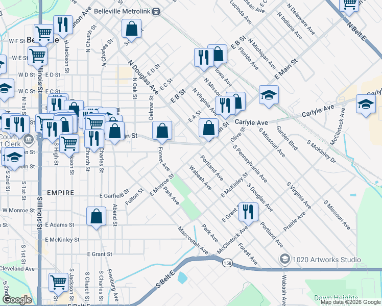 map of restaurants, bars, coffee shops, grocery stores, and more near 1015 East Monroe Street in Belleville