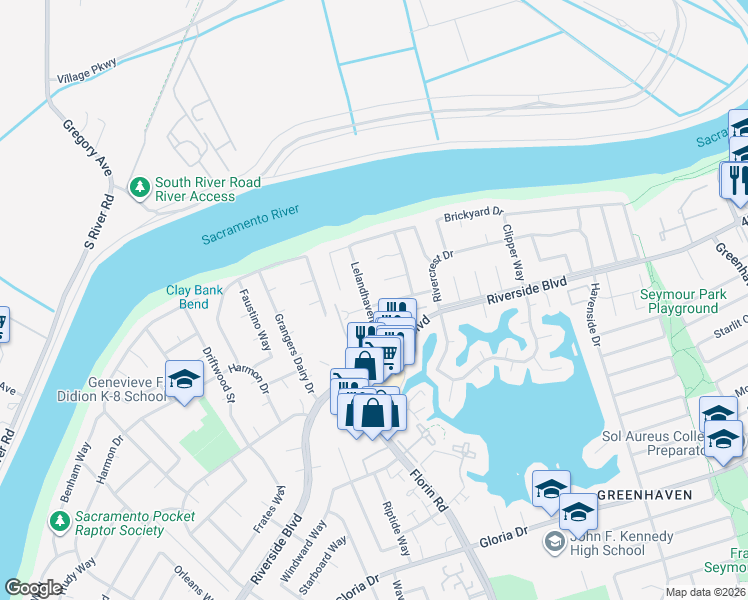 map of restaurants, bars, coffee shops, grocery stores, and more near 602 Lelandhaven Way in Sacramento