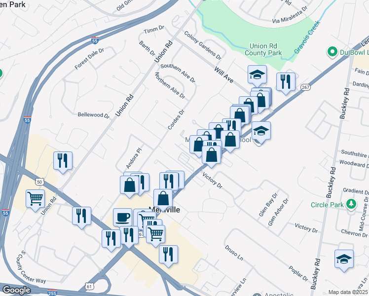 map of restaurants, bars, coffee shops, grocery stores, and more near 3747 Hickory House Lane in St. Louis