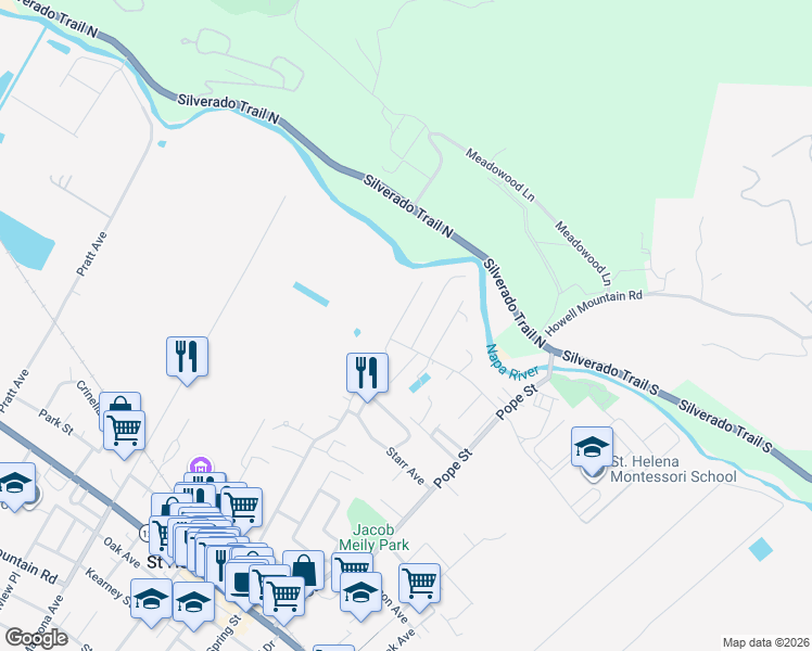map of restaurants, bars, coffee shops, grocery stores, and more near 8 Del Rio Court in St. Helena