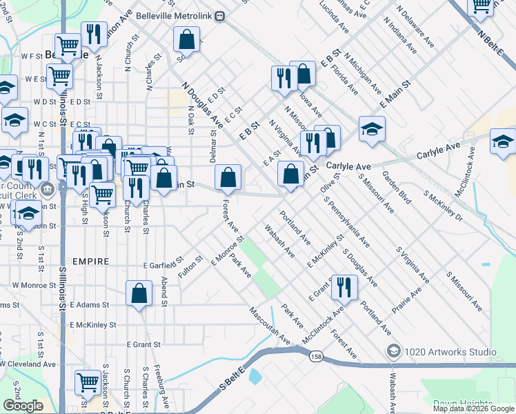 map of restaurants, bars, coffee shops, grocery stores, and more near 1015 East Monroe Street in Belleville