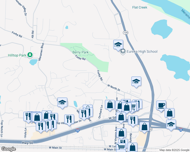 map of restaurants, bars, coffee shops, grocery stores, and more near 300-360 Forby Road in Eureka
