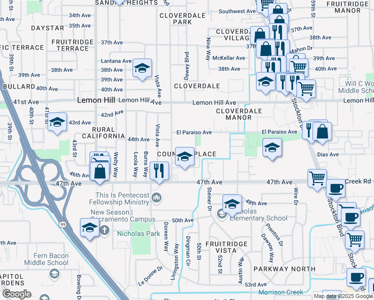 map of restaurants, bars, coffee shops, grocery stores, and more near 4929 Morningstar Drive in Sacramento