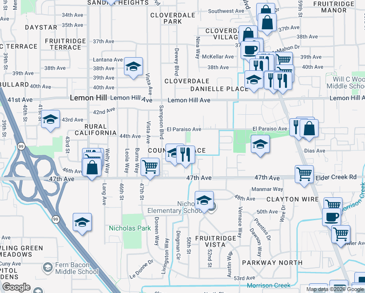map of restaurants, bars, coffee shops, grocery stores, and more near 4929 Morningstar Drive in Sacramento
