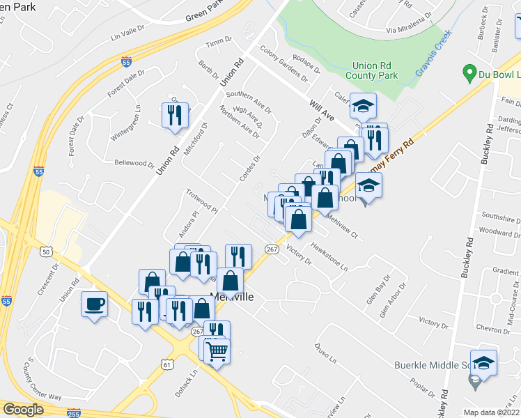 map of restaurants, bars, coffee shops, grocery stores, and more near 3759 Hickory House Lane in St. Louis