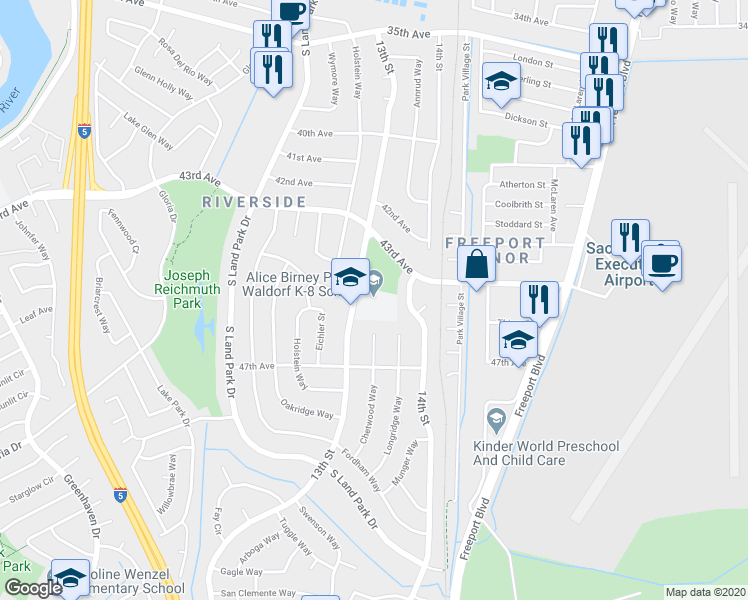 map of restaurants, bars, coffee shops, grocery stores, and more near 6251 13th Street in Sacramento