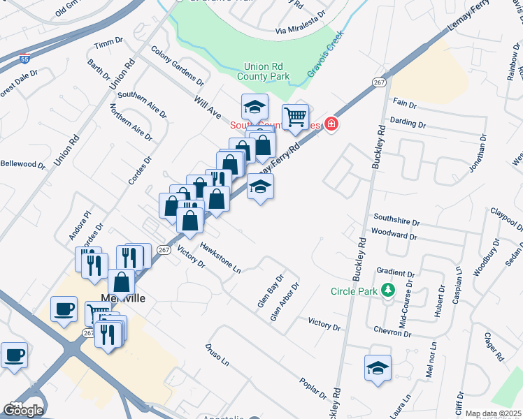 map of restaurants, bars, coffee shops, grocery stores, and more near 3200 Lemay Ferry Road in St. Louis