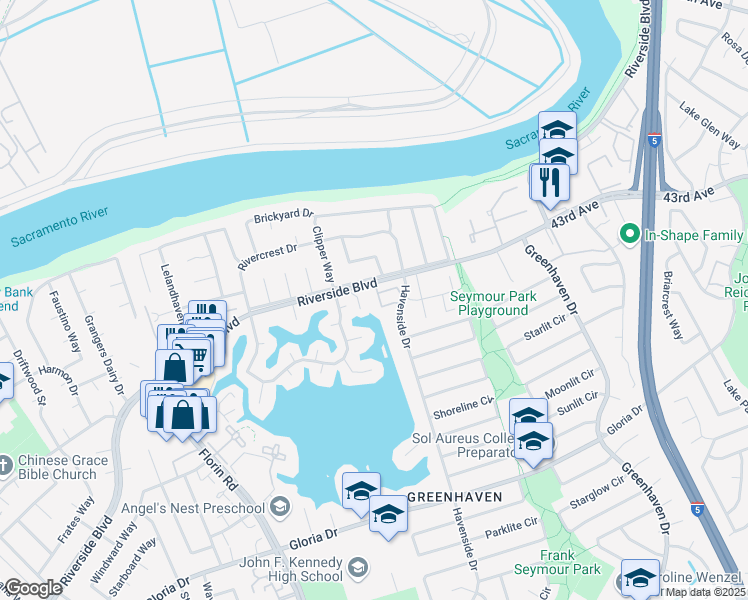 map of restaurants, bars, coffee shops, grocery stores, and more near 6241 Riverside Boulevard in Sacramento