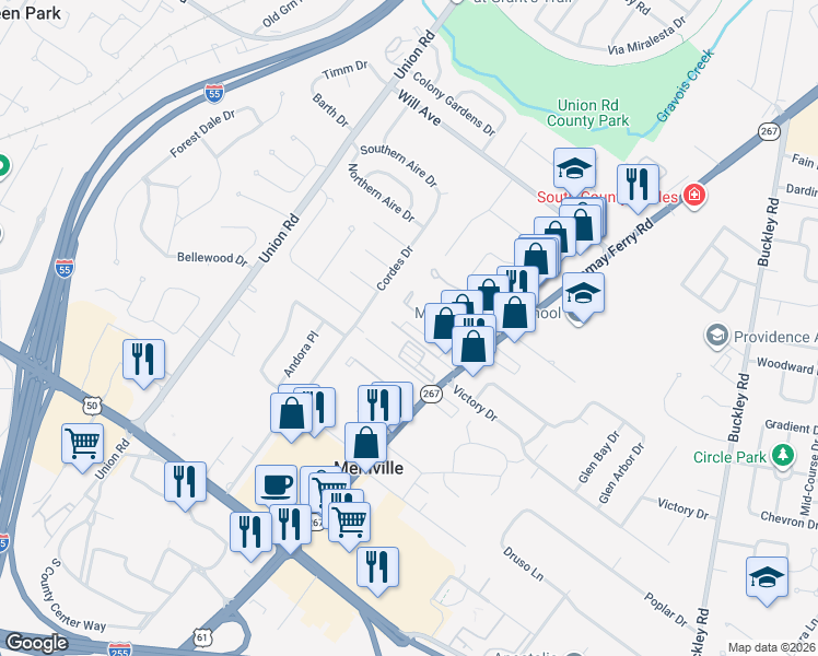 map of restaurants, bars, coffee shops, grocery stores, and more near 3771 Hickory House Lane in St. Louis