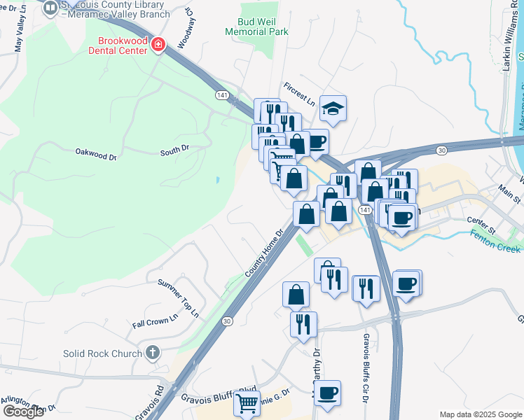 map of restaurants, bars, coffee shops, grocery stores, and more near 749 Gravois Road in Fenton