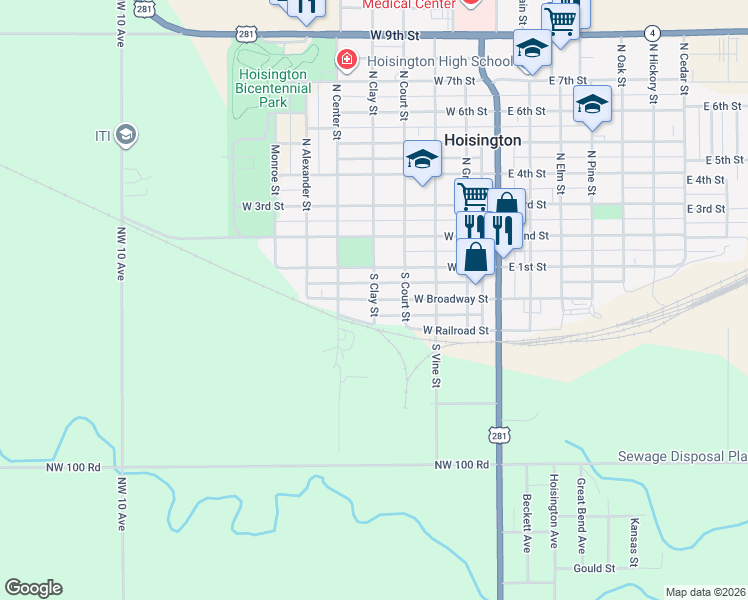 map of restaurants, bars, coffee shops, grocery stores, and more near 501 West Broadway Avenue in Hoisington